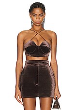Alex Perry Tane Velvet Sweetheart Cup Bra Top in Brown, view 1, click to view large image.