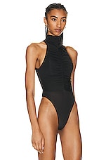 Alex Perry Aria Turtleneck Ruched Bodysuit in Black, view 3, click to view large image.