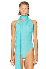 Alex Perry Scarf Wrap Crystal Bodysuit in Aquamarine, view 2, click to view large image.