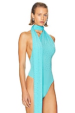 Alex Perry Scarf Wrap Crystal Bodysuit in Aquamarine, view 3, click to view large image.