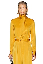 Alex Perry Bow Satin Shirt in Gold, view 1, click to view large image.