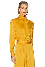 Alex Perry Bow Satin Shirt in Gold, view 2, click to view large image.