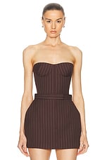 Alex Perry Lurex Pinstripe Strapless Crop Top in Chocolate, view 1, click to view large image.