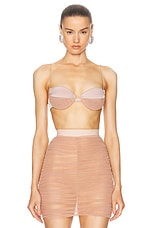 Alex Perry Ruched Mesh Satin Bra Top in Sepia, view 1, click to view large image.