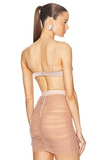 Alex Perry Ruched Mesh Satin Bra Top in Sepia, view 3, click to view large image.