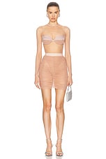 Alex Perry Ruched Mesh Satin Bra Top in Sepia, view 4, click to view large image.