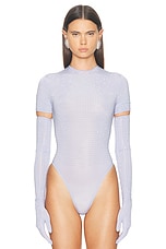 Alex Perry Short Sleeve Glove Crystal Bodysuit in Frost, view 2, click to view large image.