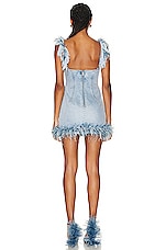 AREA Frayed Denim Feather Mini Dress in Light Blue, view 3, click to view large image.