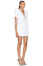 AREA Crystal Bow V-neck T-shirt Dress in White, view 2, click to view large image.