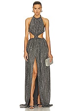 AREA Crystal Embellished Cutout Halter Gown in Charcoal, view 1, click to view large image.