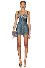 AREA Crystal Claw Denim Mini Dress in Vintage Indigo, view 1, click to view large image.