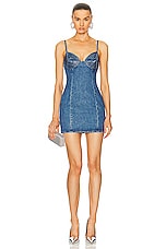 AREA Crystal Embellished Cup Mini Dress in Medium Indigo, view 1, click to view large image.