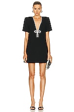 AREA Crystal Bow V-Neck T-Shirt Dress in Black, view 1, click to view large image.