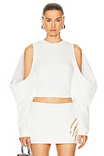 AREA Crystal Embellished Cold Shoulder Sweatshirt in Off White, view 1, click to view large image.