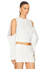 AREA Crystal Embellished Cold Shoulder Sweatshirt in Off White, view 2, click to view large image.