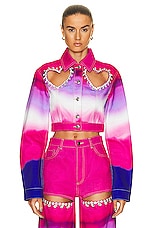 AREA Crystal Heart Cutout Ombre Denim Jacket in Pink Multi, view 1, click to view large image.