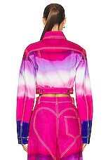 AREA Crystal Heart Cutout Ombre Denim Jacket in Pink Multi, view 3, click to view large image.