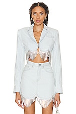 AREA Scalloped Crystal Cropped Denim Jacket in Pale Blue, view 1, click to view large image.