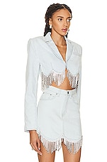 AREA Scalloped Crystal Cropped Denim Jacket in Pale Blue, view 2, click to view large image.