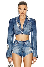 AREA Denim Cropped Blazer in Light Indigo, view 1, click to view large image.