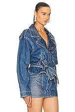 AREA Crystal Embellished Moto Jacket in Medium Indigo, view 2, click to view large image.