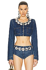 AREA Jumbo Crystal Denim Cropped Blazer in Medium Wash, view 1, click to view large image.