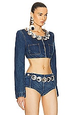 AREA Jumbo Crystal Denim Cropped Blazer in Medium Wash, view 2, click to view large image.
