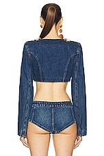 AREA Jumbo Crystal Denim Cropped Blazer in Medium Wash, view 3, click to view large image.