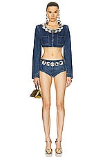 AREA Jumbo Crystal Denim Cropped Blazer in Medium Wash, view 4, click to view large image.