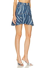 AREA Sunray Denim Ruffle Mini Skirt in Multi Indigo, view 2, click to view large image.