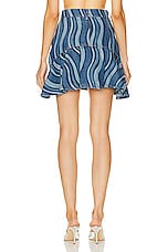 AREA Sunray Denim Ruffle Mini Skirt in Multi Indigo, view 3, click to view large image.