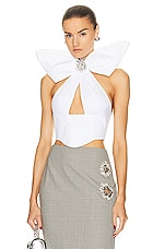 AREA Distressed Crystal Bow Halter Top in White, view 1, click to view large image.