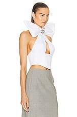 AREA Distressed Crystal Bow Halter Top in White, view 2, click to view large image.