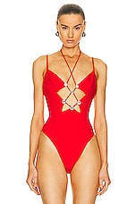 AREA Star Cutout Bodysuit in Scarlet, view 2, click to view large image.