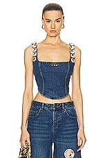 AREA Jumbo Crystal Denim Corset Top in Medium Wash, view 1, click to view large image.