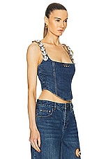 AREA Jumbo Crystal Denim Corset Top in Medium Wash, view 2, click to view large image.