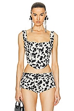 AREA Dalmatian Denim Corset Top in Black & Off White, view 1, click to view large image.