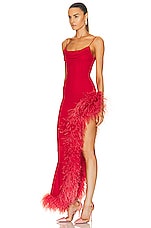 Alessandra Rich Silk Feather Gown in Red, view 3, click to view large image.