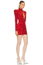 Alessandra Rich Rose Print Silk High Neck Draped Mini Dress in Red, view 2, click to view large image.