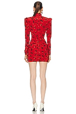 Alessandra Rich Rose Print Silk High Neck Draped Mini Dress in Red, view 3, click to view large image.
