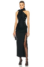 Alessandra Rich Envers Satin One Shoulder Evening Dress in Black, view 1, click to view large image.