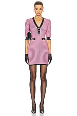 Alessandra Rich Pinstripe Knitted V Neck Mini Dress in Pink & Black, view 1, click to view large image.