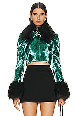 Alessandra Rich Faux Fur Cropped Jacket in Turquoise, view 1, click to view large image.