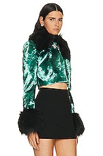 Alessandra Rich Faux Fur Cropped Jacket in Turquoise, view 2, click to view large image.