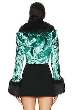 Alessandra Rich Faux Fur Cropped Jacket in Turquoise, view 3, click to view large image.