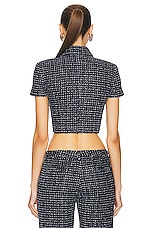 Alessandra Rich Sequin Checked Tweed Cropped Jacket in Dark Blue, view 3, click to view large image.
