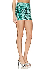 Alessandra Rich Low Waist Faux Fur Mini Skirt With Belt in Turquoise, view 2, click to view large image.