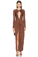 Atlein Cut Out Ruched Gown in Bronze, view 1, click to view large image.