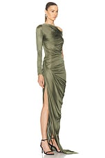 Atlein Off The Shoulder One Sleeve Ruched Gown in Mousse, view 2, click to view large image.
