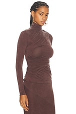 Atlein Mock Neck Long Sleeved Ruched Top in Cob Sepia, view 2, click to view large image.